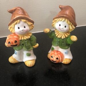 Fall/ Halloween Scarecrow Pumpkin Figurines/ Cake Toppers Ceramic- Vintage- 70's
